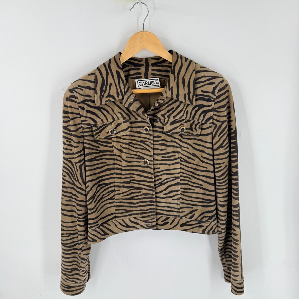 Carlisle Zebra Print Suede Trucker Jacket Brown Size 10 Animal Print Safari Chic